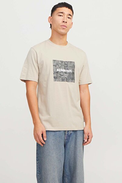 Jack & Jones Jack&jones Tarmac Camo Front Crew Neck Ανδρικό μπεζ μπλουζάκι με...