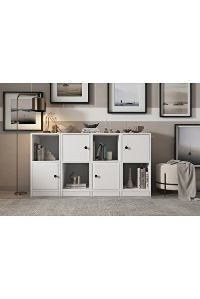 Nettrends 4 Kapakli Rafli Kitaplik 130 cm Beyaz Ktp-1180-ç