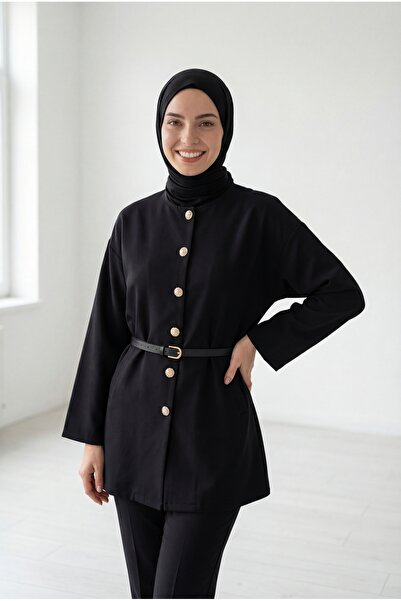 MİHRA STORE Dilruba Gold Buttoned Double Pocketed Belt Pack Jacket-Zn5943 Black