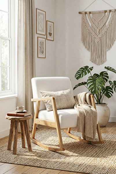 Zem Pavia Sallanır Berjer Natürel Ahşap, Kırık Beyaz