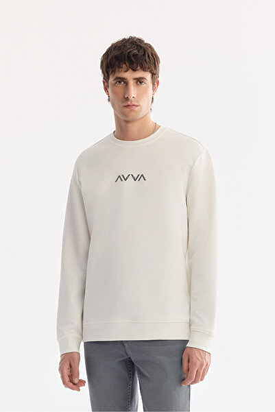 Avva Men's Ecru Crew Neck Injection Printed Interlock Sweatshirt A61Y1205