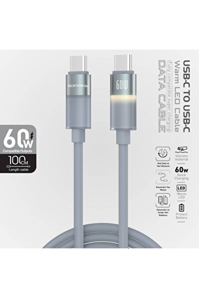 Soffany HM-280-012 HM-280-012 USB-C to USB-C 60W Warm LED Şarj ve Data Kablos...