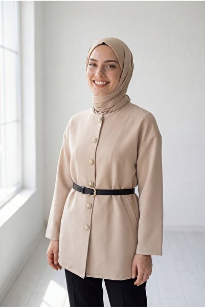 MİHRA STORE Dilruba Gold Buttoned Double Pocketed Belt Piece Jacket-Zn5943 Stone