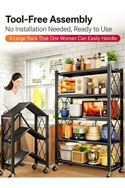 EGG 70002 Five-layer thickened folding storage rack with wheels, large-capacity shelf