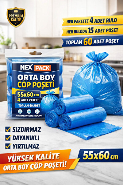 nex pack Orta Boy 55x60CM MAVİ ORTA BOY ÇÖP POŞETİ 4x15 ADET, Yıldız Kesim, S...