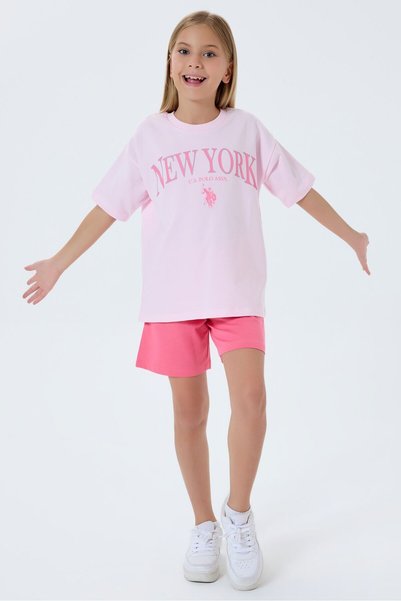 U.S. Polo Assn. Girl's Crew Neck Embroidered Summer Regular Fit Pink Shorts Set Us2510-C-V1