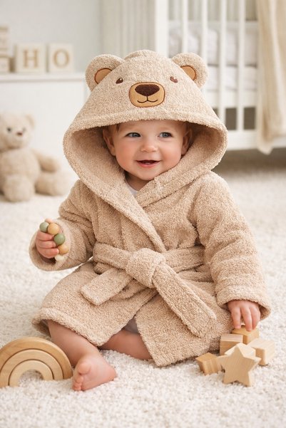 Moky Design Hooded Bear Patterned 100% Cotton Baby Bathrobe, Newborn Baby Shower Gifts