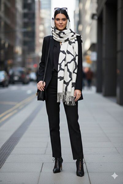 Gül İpek Moda شال نسائي من الباشمينا واسع وناعم الملمس من القطن بنمط رمادي عل...