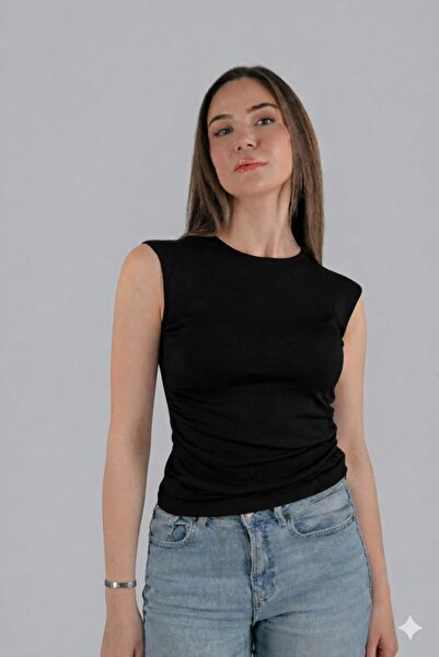 Maison La Femme تيشيرت نسائي أساسي بدون أكمام بياقة دائرية ورباط جانبي