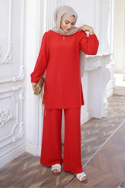 İmajButik Red Wrinkled Tunic Pants Suit