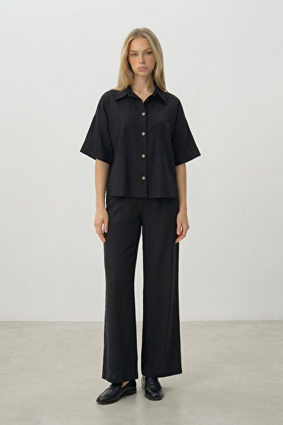 VAGGON Siyah Keten Gömlek Ve Palazzo Pantolon Takım