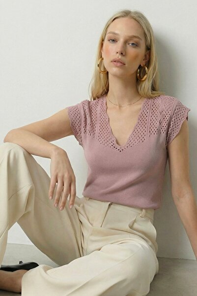 VAGGON Πουδρένια Μπλούζα Πλεκτή με V-λαιμόκοψη δαντελωτή πλέξη ελαφρύ