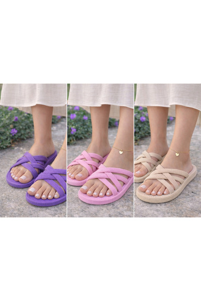 Macs Moda Set de 3 papuci de damă cu bretele încrucișate – Roz Bej Mov – Papu...