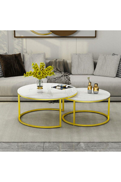 OKAE طقم طاولات دائرية متداخلة (قطعتين) خشب بتصمبم الرخام الأبيض مع إطار ذهبي...