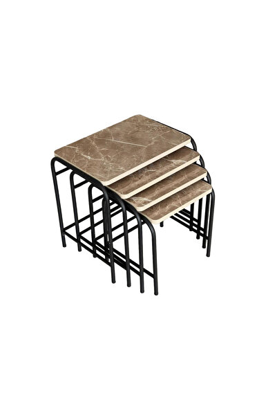 GÜVENÇ 4'lü Zigon Sehpa Metal Siyah Ayaklı Koyu Mermer Desen