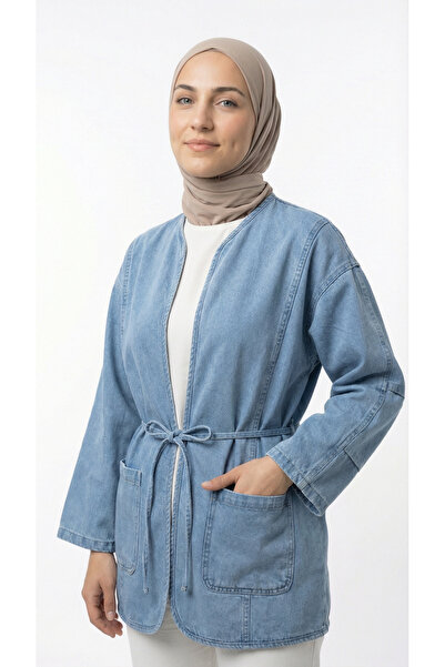 BENAHOLL Mahira Çift Cepli Belden Bağlamalı Kot Kimono-LS2584 Açık Mavi