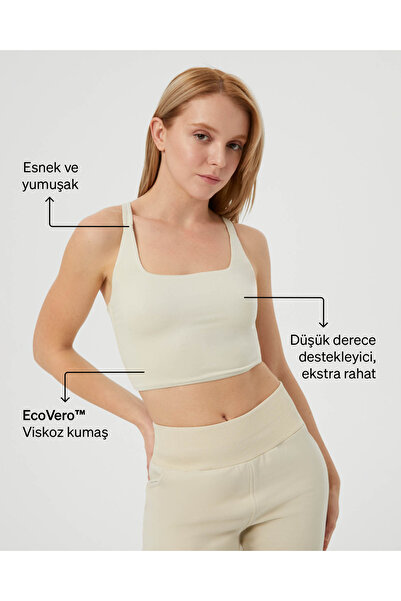 Ayma Active Krem Yüzücü Askılı Kare Yaka Göğüs Pedsiz Esnek Yoga Üstü