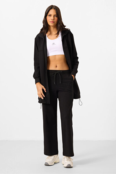 TOMMY LIFE Siyah Dik Yaka Fermuarlı Pamuklu Kadın Eşofman Tunik Takım - 95346