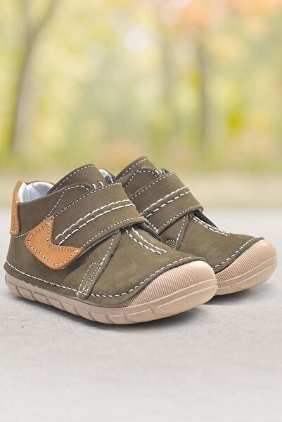 Rakerplus حذاء بوبي جلد طبيعي كاكي الخطوة الأولى للجنسين