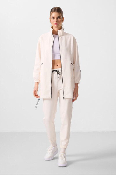 TOMMY LIFE Ekru Dik Yaka Fermuarlı Rahat Form Kadın Eşofman Tunik Takım - 95345