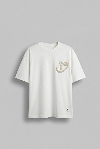 ablukaonline Men's Oversize Cotton Calligraphy Embroidered Motif T-Shirt White