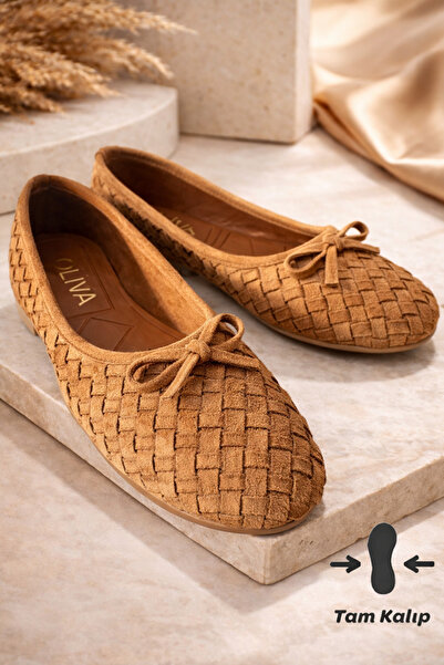 Noliva Kadın Taba Süet Dokulu Örgü Desenli Fiyonklu Babet