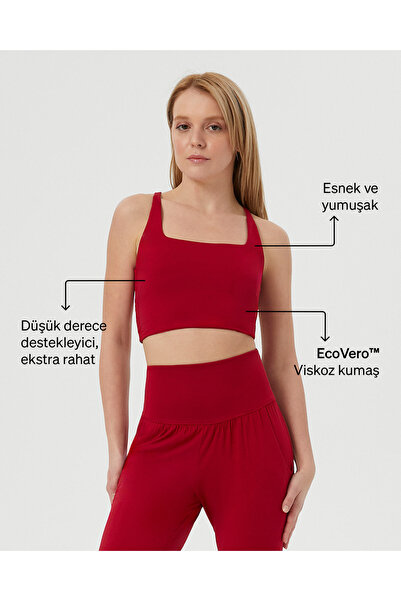Ayma Active Vişne Kırmızı Yüzücü Askılı Kare Yaka Göğüs Pedsiz Esnek Yoga Üstü
