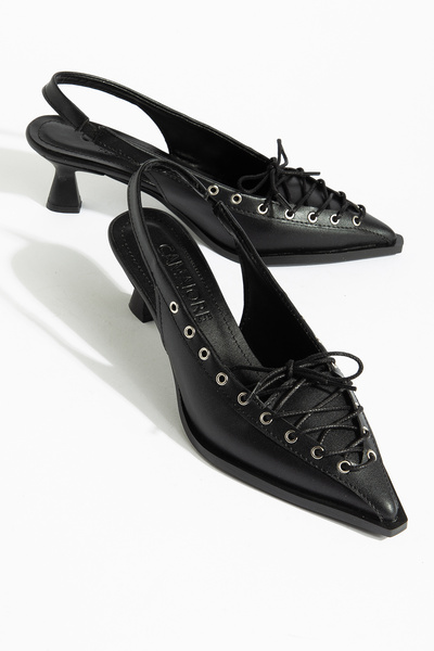 camaiore Black Leather Pointed Toe Classic with Lace-Up Detail Heeled Shoes