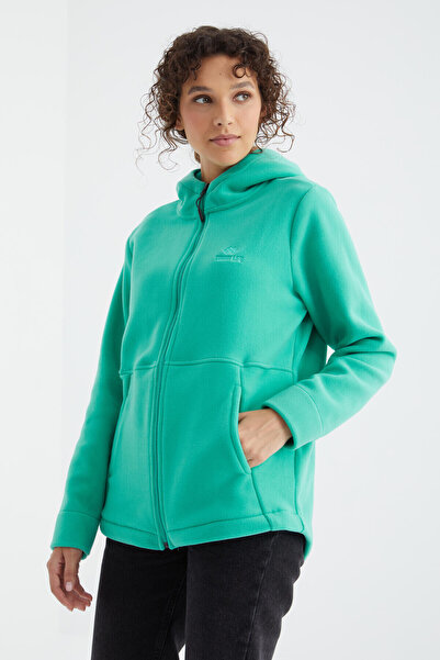 TOMMY LIFE Mořská zelená dámská fleecová mikina s kapucí a zipem - 97233
