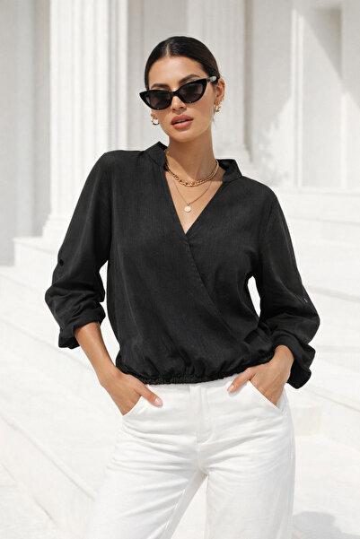 Rich Kadın Hakim Yaka Siyah Apoletli Önü Lastikli Bluz