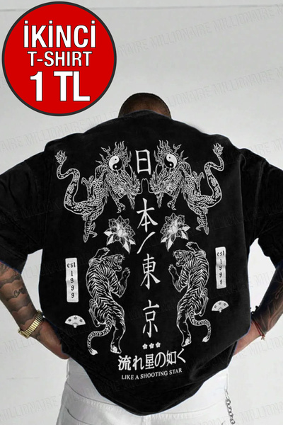 Teenage Millionaire Erkek Dragon Baskılı Siyah Bisiklet Yaka Oversize Salaş T...