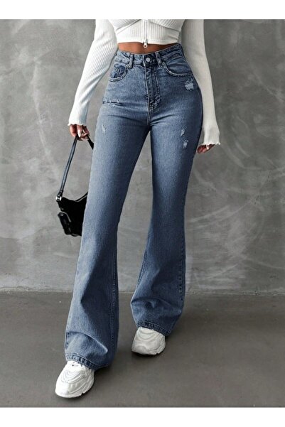 HerTon Yüksek Bel İspanyol Paça Jean Pantolon - Eskitme Detaylı Full Pamuklu ...