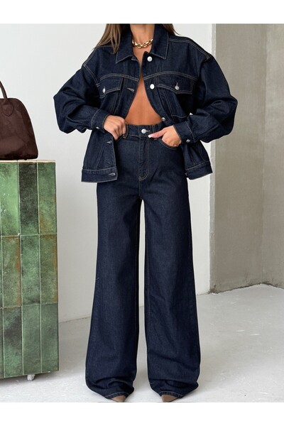 HerTon Kadın Koyu Mavi Denim Ceket ve Pantolon Takım – Oversize Ceket, Geniş ...
