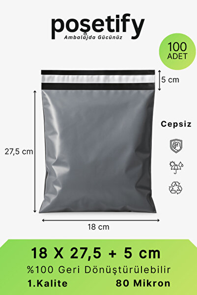 POŞETİFY Cepsiz Kargo Poşeti | 18x27,5x5 cm | 100 Adet | Gri | 80 Mikron | Kü...