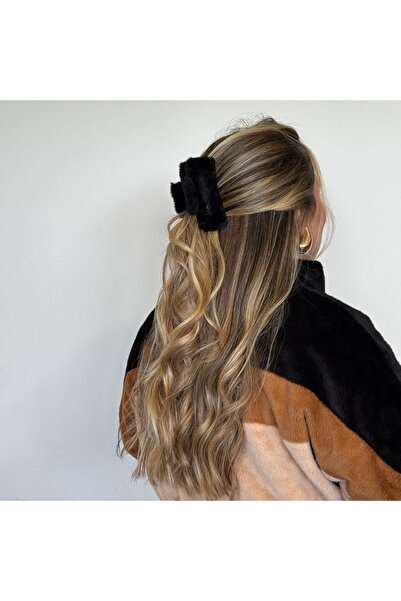 YOYYO Ženska crna plišani pero Oversized Ratchet Clip - mekana tekstura zimsk...