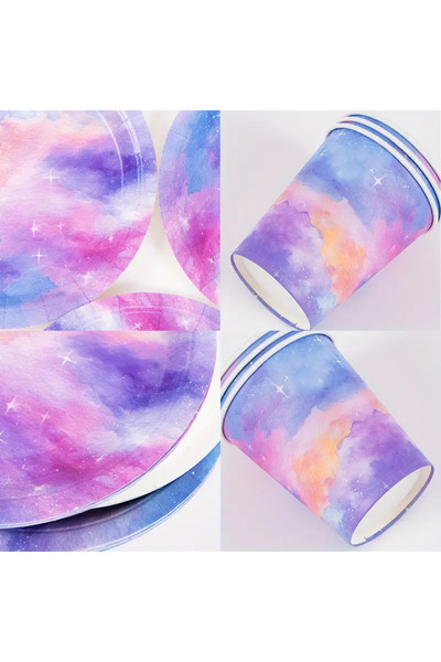 Partifabrik Gökkuşağı Rengarenk Temalı Karton Tabak Bardak Set 8 tabak 8 bardak