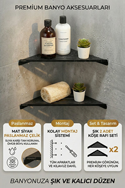 Minart 2'li Set Siyah Banyo Köşe Rafı Metal | 27x14 cm | Duş Organizeri | Mat...