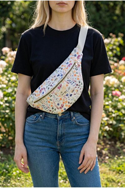 satürn hobi örgü tasarım Floral Print Ecru Waist Bag