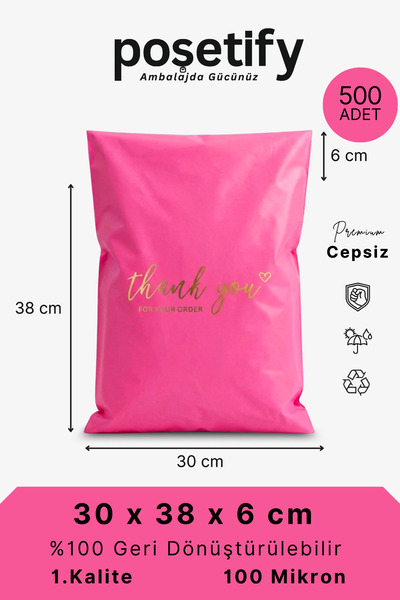 POŞETİFY Premium Renkli Kargo Poşeti 30x38x6 cm | 500 Adet | Thank You Baskıl...
