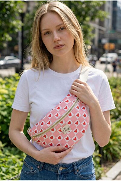 satürn hobi örgü tasarım Heart Patterned Pink Waist Bag