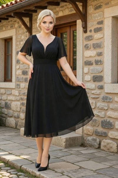 FaBe Fashion KISA KOLLU KALP YAKA BELİ BÜZGÜLÜ MİDİ ŞİFON ELBİSE NİKAH-NİŞAN-...