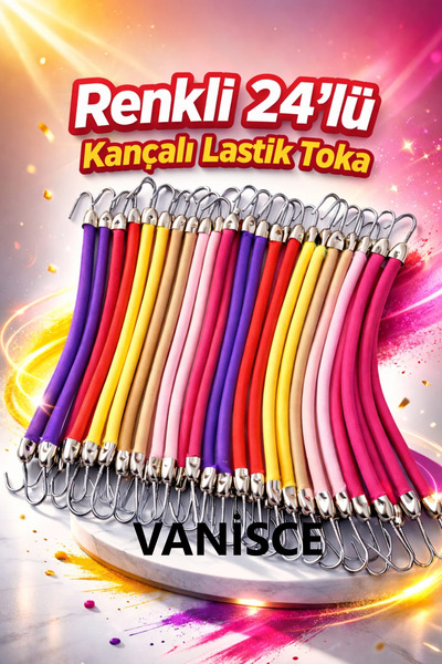 VANİSCE Kadın 24'lü Kancalı Çengelli Renkli Kalın Lastik Toka Seti