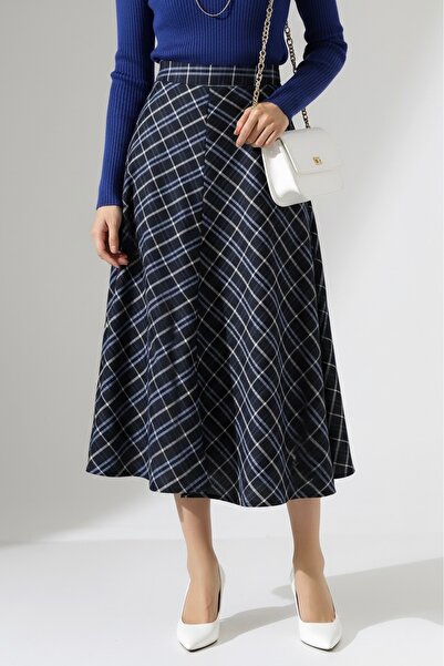 Hisleria Καρό φούστα μίντι με ψηλόμεση τσέπη με φερμουάρ - Σκούρο μπλε