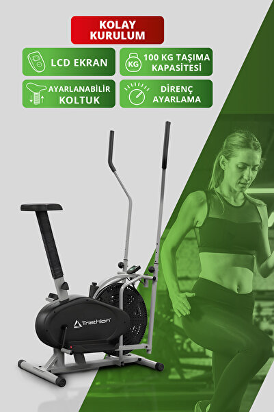 Triathlon T‑224 Eliptik Kondisyon Bisikleti | LCD Ekran | Ayarlanabilir Sele | Hız | Mesafe | Kalori | Zaman