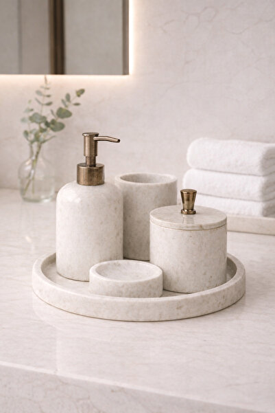 DMR HOME Doğal Mermer Banyo Seti – Sıvı Sabunluk, Diş Fırçalık, Katı Sabunluk...
