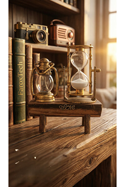 FaroxTech Nostaljik Gaz Lambası Tasarımlı Biblo ve Kum Saati - Masif Ahşap Ka...