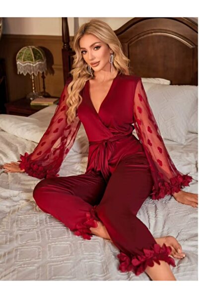 Ece's Desing Set de pijamale de lux din satin mătăsos cu dantelă Ortiş cu pen...