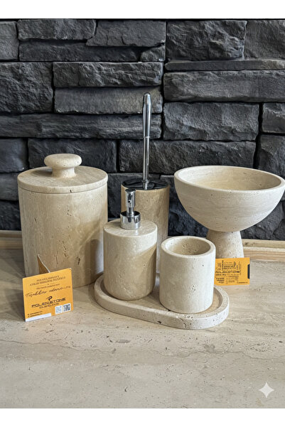 Polen Stone Yeni Model Traverten 6'lIBanyo Seti Ayaklı Kase Havluluklu Takım ...