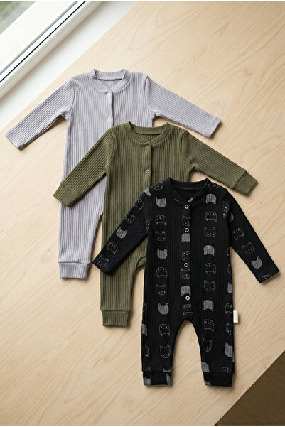 Noone 3'lü Set Fitilli Bebek Tulumu Uzun Kollu Pamuklu Çıtçıtlı Basic Renkler...