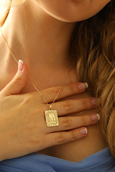 PRENSES PIRLANTA 14 Ayar Altın M Harfi Kolye Ucu Kare Desenli Harf Zincir Dah...